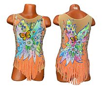 Купальник для худож. Гимнастики р.32 рост 128-134 артикул 10495 лососевый с бабочками и ромашками 
