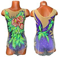 Купальник для худож. Гимнастики р.32 рост 128-134 артикул 10391  фиолетовый с цветами и лепестками 