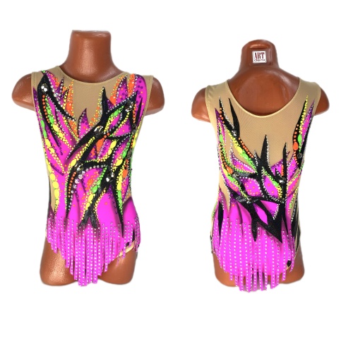 Купальник для худож. Гимнастики р.32 рост 128-134 артикул 10478 фуксия с чёрным 