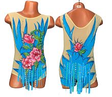 Купальник для худож. Гимнастики р.32 рост 128-134 артикул 10000 голубой с розовыми вышивками