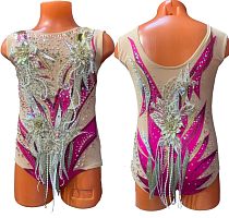 Купальник для худож. гимнастики артикул 9588 Рост 130-140 см Малиновый с золотистыми вышивками