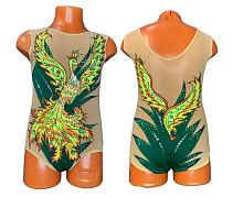 Купальник для худож. Гимнастики р.34 рост 134-140 артикул 9633 зелёный с жар птицей
