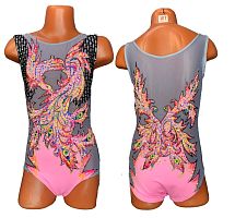 Купальник для худож. Гимнастики р.30 рост 122-128 артикул 10245 серо розовый с жар птицей 
